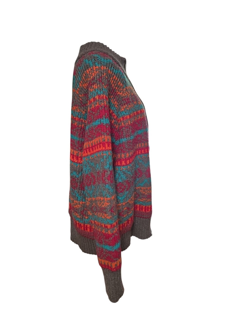 NorthStyle Boho Cottagecore Zip-Up Knit Cardigan in Gray, Teal & Magenta 1X - Picture 3 of 4